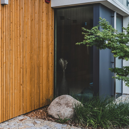 Obložení fasády obkladovými hranoly KI v okrové barvě. Technologie Královské impregnace účinně chrání dřevo v exteriéru.   Obložení fasády obkladovými hranoly KI v okrové barvě. Technologie Královské impregnace účinně chrání dřevo v exteriéru.