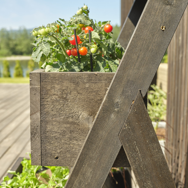 Detail ručně vyrobeného květináče, v pozadí KI terasa.